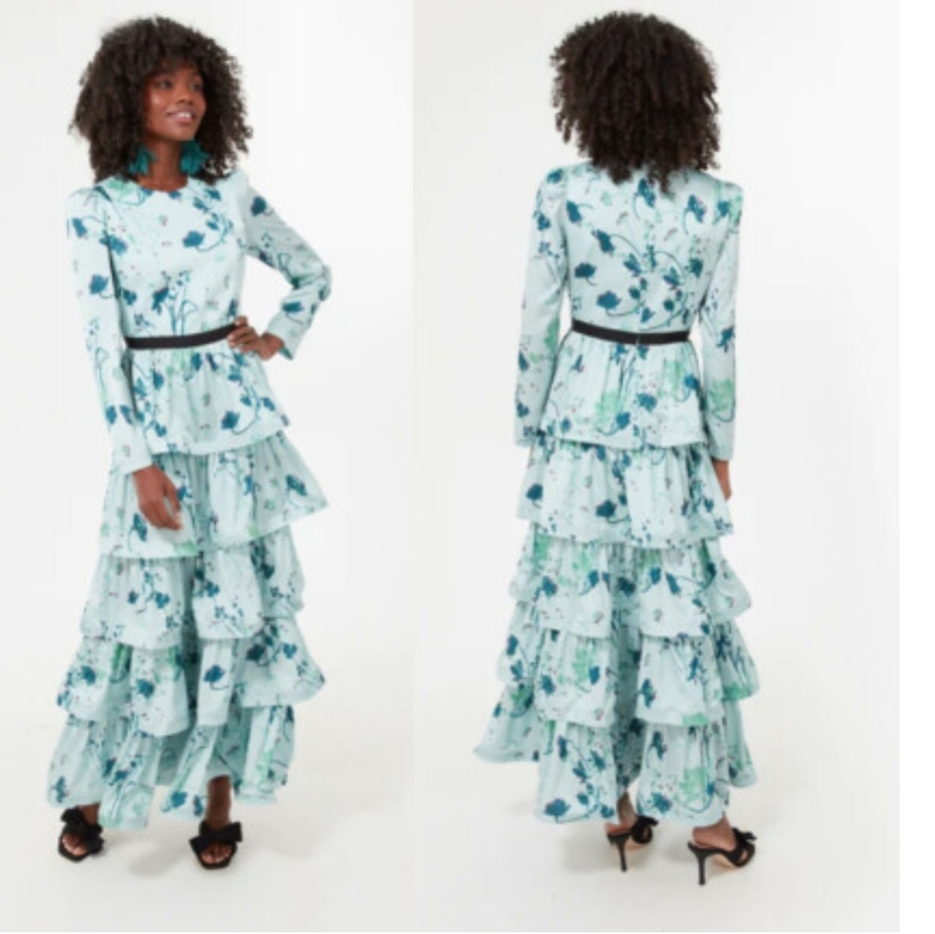 Tiered Floral Maxi Dress In Mint Blue